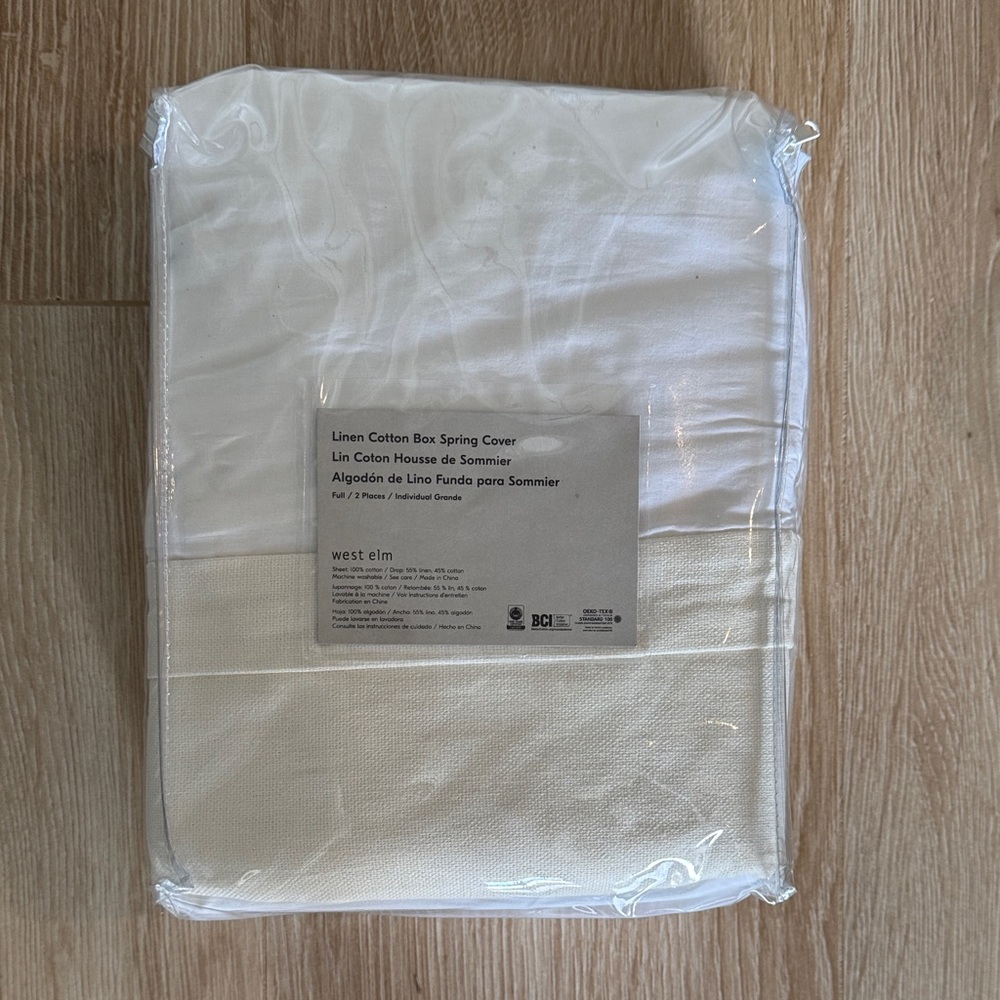 West Elm Linen Cotton Box Spring Cover - White and Tan